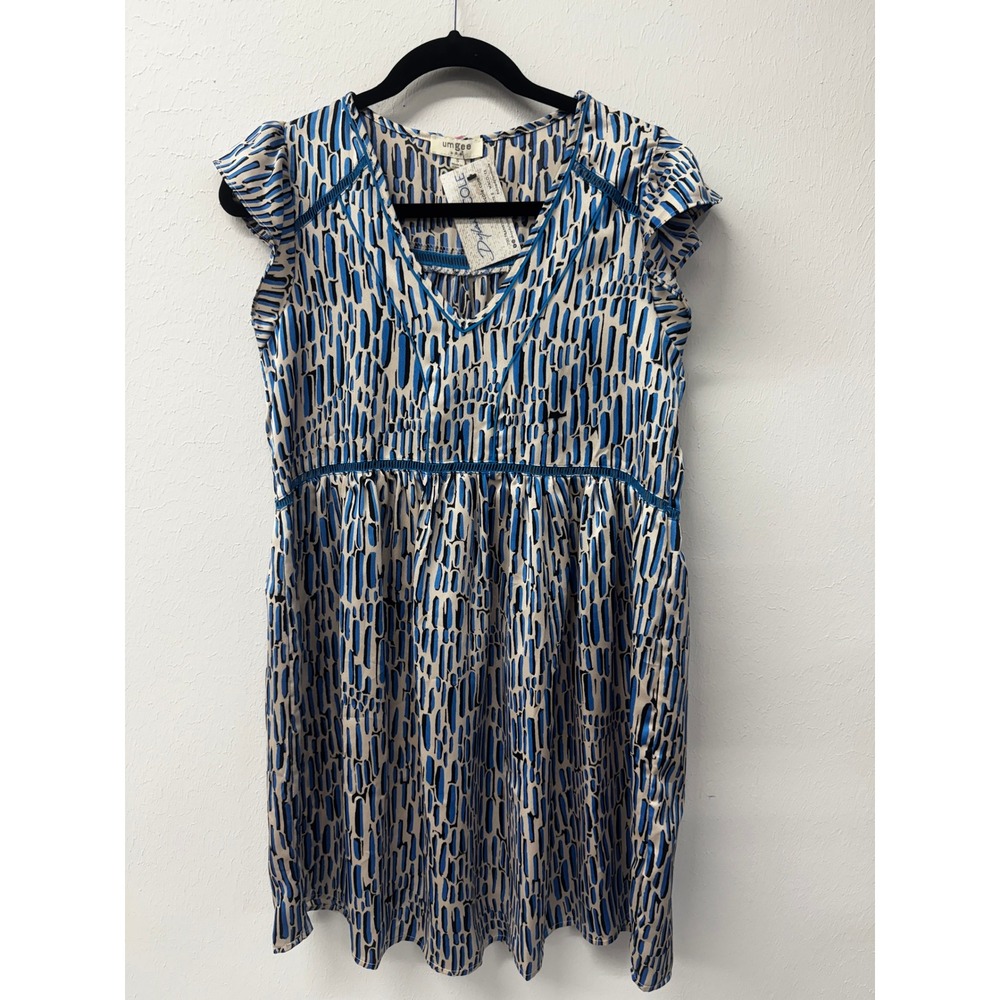Umgee NWT Blue & Cream Abstract Boho Dress Crochet Trim Flutter Sleeve Sz S - Picture 3 of 11
